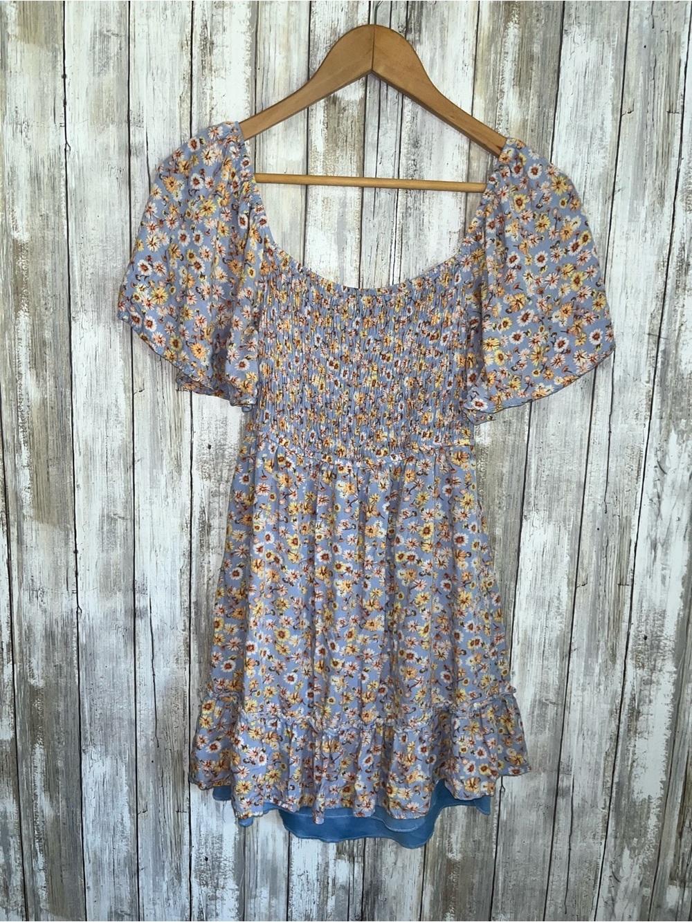 Altar’d State Blue Floral Smocked Mini Dress Open Back Puff Sleeve Cottagecore - Picture 2 of 6